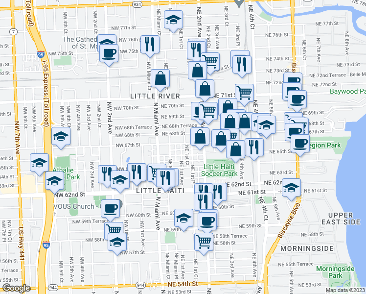 map of restaurants, bars, coffee shops, grocery stores, and more near 6601 Northeast 1st Avenue in Miami