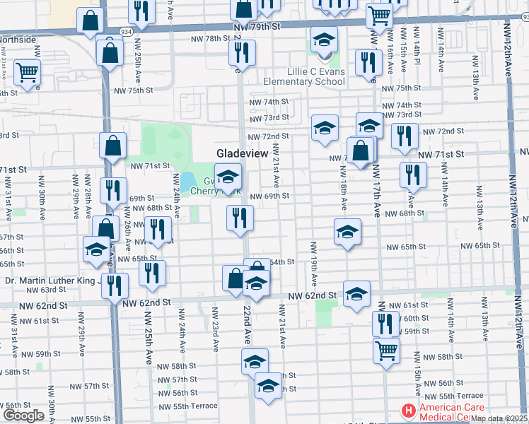 map of restaurants, bars, coffee shops, grocery stores, and more near 2126 Northwest 68th Terrace in Miami