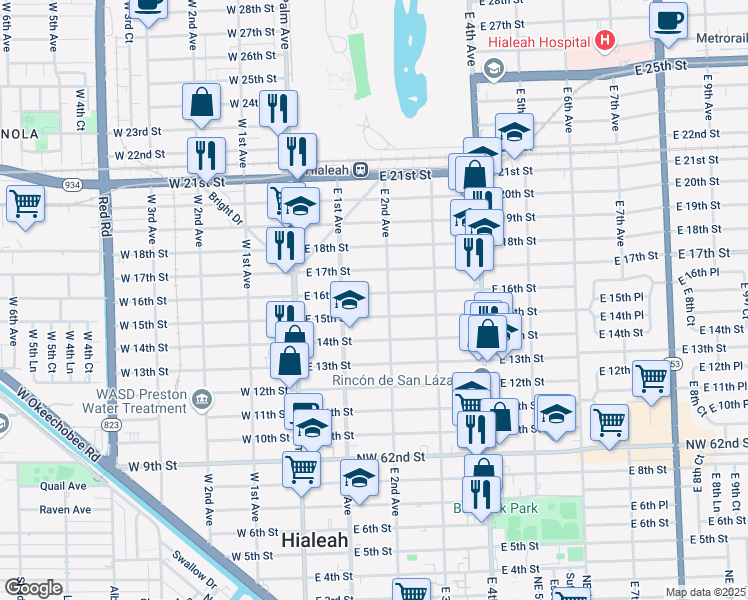 map of restaurants, bars, coffee shops, grocery stores, and more near 166 East 16th Street in Hialeah