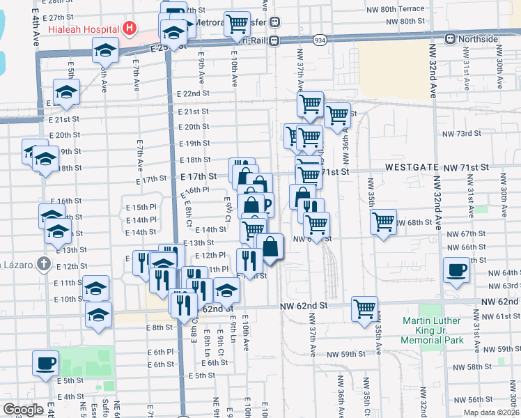 map of restaurants, bars, coffee shops, grocery stores, and more near 1060 East 15th Street in Hialeah