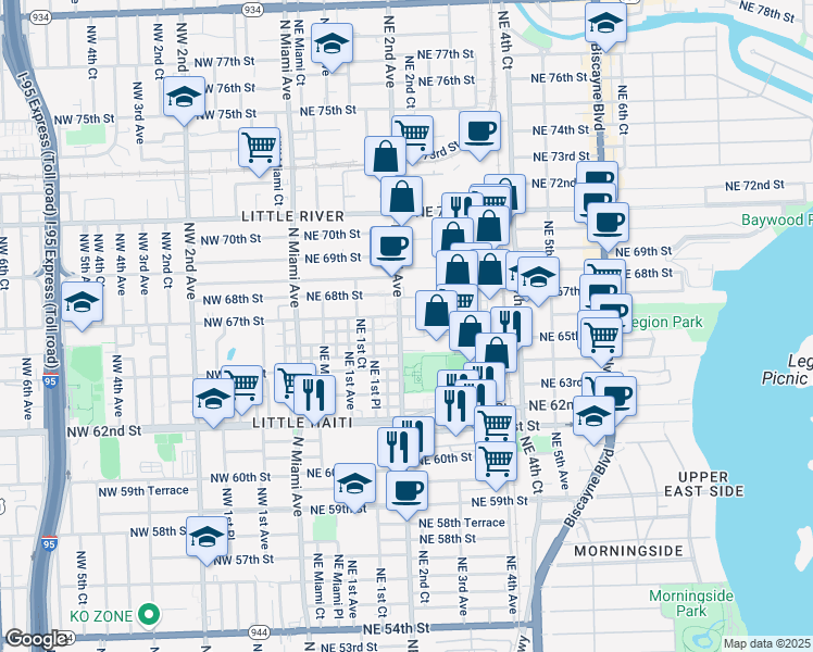 map of restaurants, bars, coffee shops, grocery stores, and more near 6502 Northeast 2nd Court in Miami