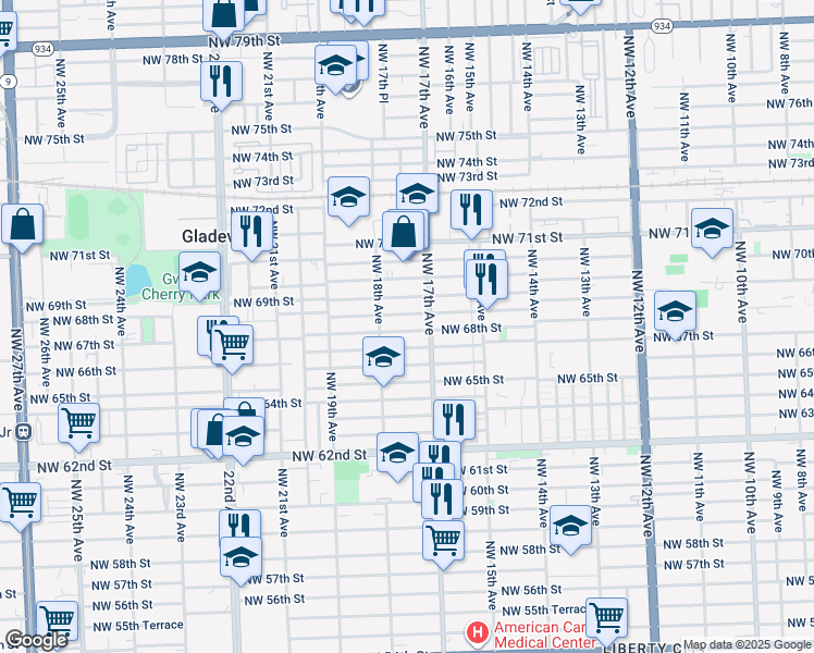 map of restaurants, bars, coffee shops, grocery stores, and more near 1735 Northwest 68th Street in Miami