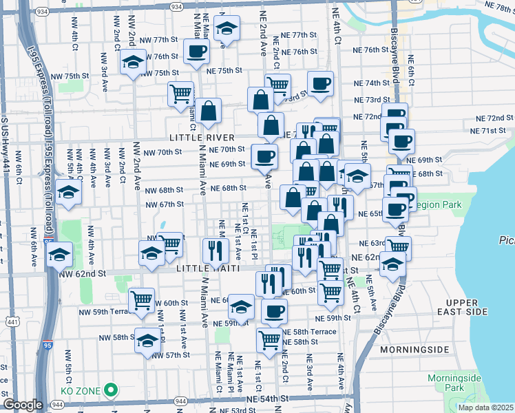 map of restaurants, bars, coffee shops, grocery stores, and more near 170 Northeast 67th Street in Miami