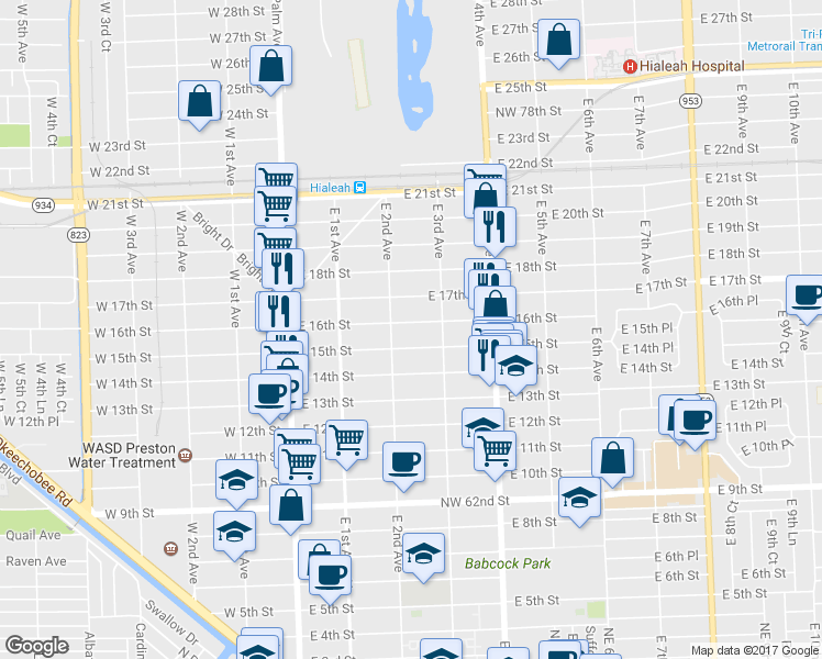 map of restaurants, bars, coffee shops, grocery stores, and more near 234 East 16th Street in Hialeah