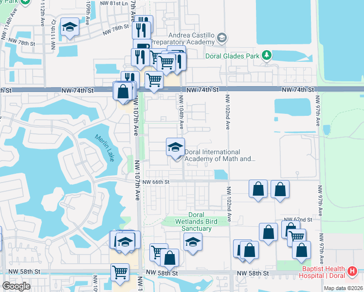 map of restaurants, bars, coffee shops, grocery stores, and more near 5805 Northwest 104th Avenue in Doral
