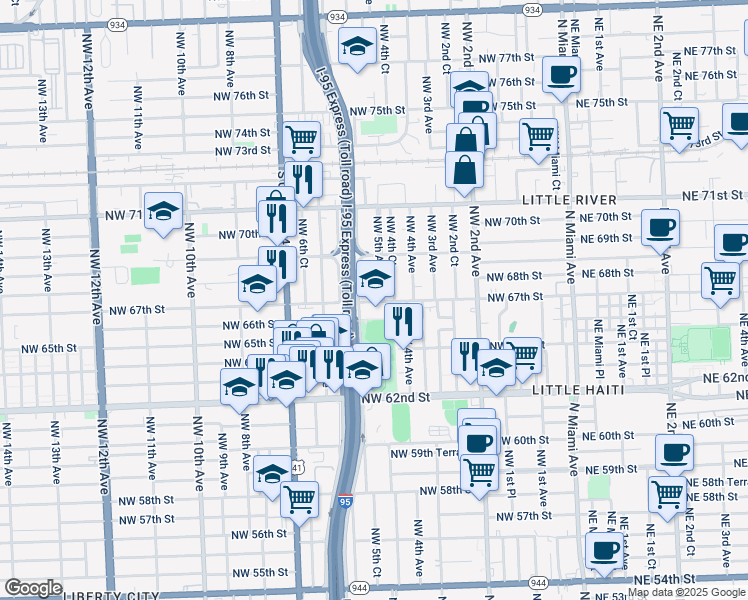 map of restaurants, bars, coffee shops, grocery stores, and more near 509 Northwest 67th Street in Miami
