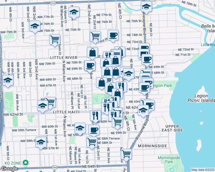 map of restaurants, bars, coffee shops, grocery stores, and more near 300 Northeast 67th Street in Miami
