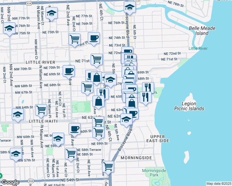 map of restaurants, bars, coffee shops, grocery stores, and more near 545 Northeast 65th Street in Miami