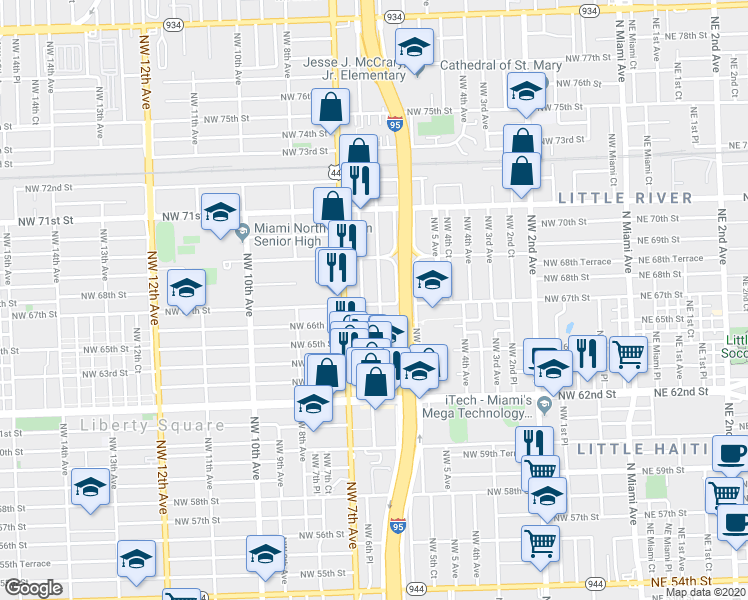 map of restaurants, bars, coffee shops, grocery stores, and more near 636 Northwest 67th Street in Miami