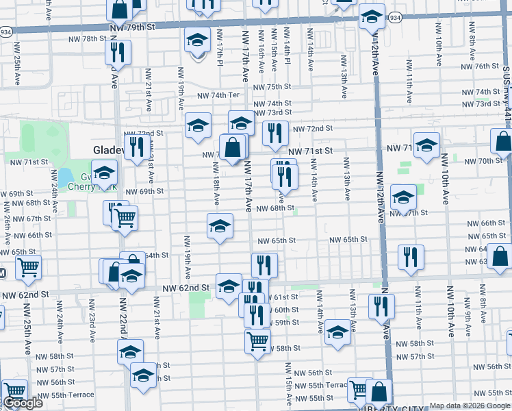 map of restaurants, bars, coffee shops, grocery stores, and more near 1674 Northwest 68th Street in Miami