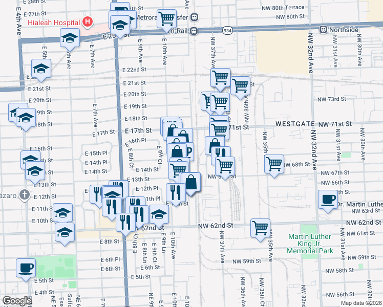 map of restaurants, bars, coffee shops, grocery stores, and more near 1060 East 15th Street in Hialeah