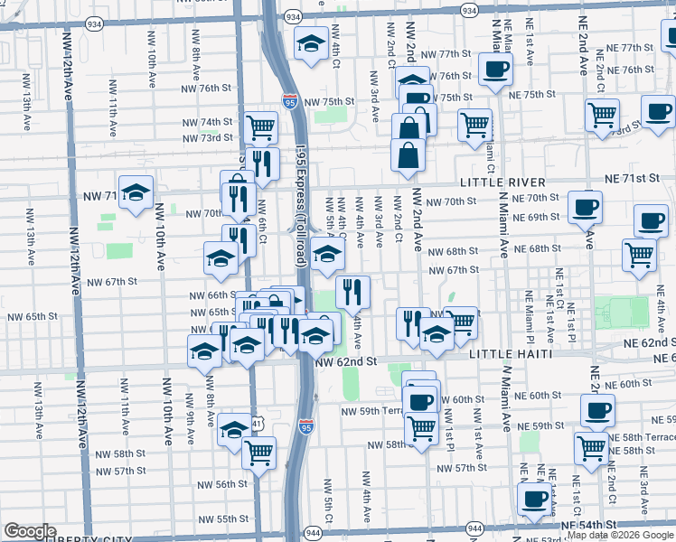 map of restaurants, bars, coffee shops, grocery stores, and more near 509 Northwest 67th Street in Miami