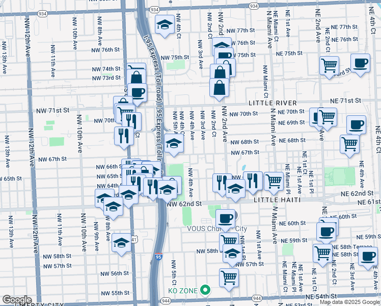 map of restaurants, bars, coffee shops, grocery stores, and more near 401 Northwest 67th Street in Miami