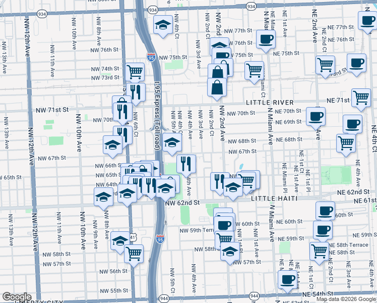 map of restaurants, bars, coffee shops, grocery stores, and more near 401 Northwest 67th Street in Miami