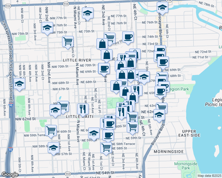 map of restaurants, bars, coffee shops, grocery stores, and more near 6502 Northeast 2nd Court in Miami