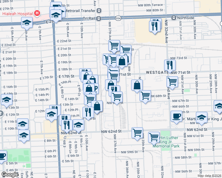 map of restaurants, bars, coffee shops, grocery stores, and more near 6910 Northwest 37th Avenue in Miami