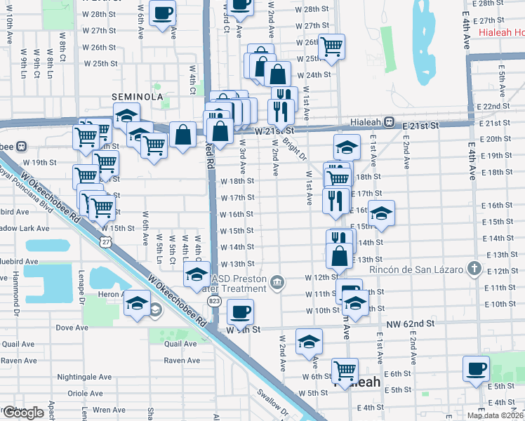 map of restaurants, bars, coffee shops, grocery stores, and more near 1599 West 3rd Avenue in Hialeah