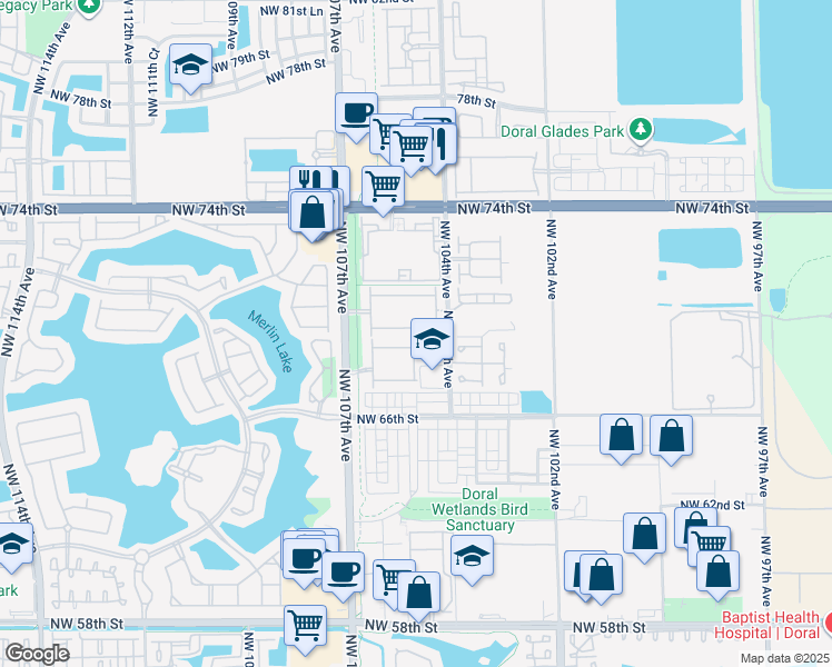 map of restaurants, bars, coffee shops, grocery stores, and more near 10445 Northwest 68th Terrace in Doral