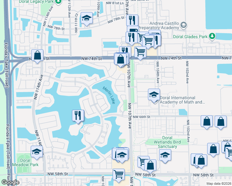 map of restaurants, bars, coffee shops, grocery stores, and more near 6874 Northwest 107th Place in Doral