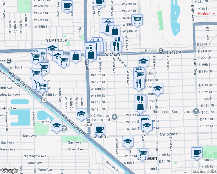 map of restaurants, bars, coffee shops, grocery stores, and more near 1599 West 3rd Avenue in Hialeah