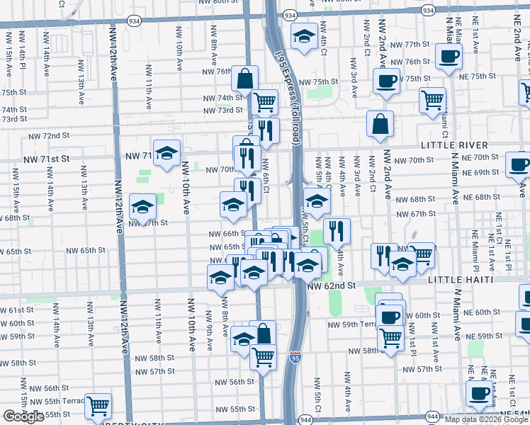 map of restaurants, bars, coffee shops, grocery stores, and more near 636 Northwest 67th Street in Miami