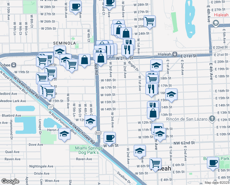 map of restaurants, bars, coffee shops, grocery stores, and more near 1599 West 3rd Avenue in Hialeah