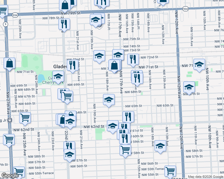 map of restaurants, bars, coffee shops, grocery stores, and more near 1735 Northwest 68th Street in Miami