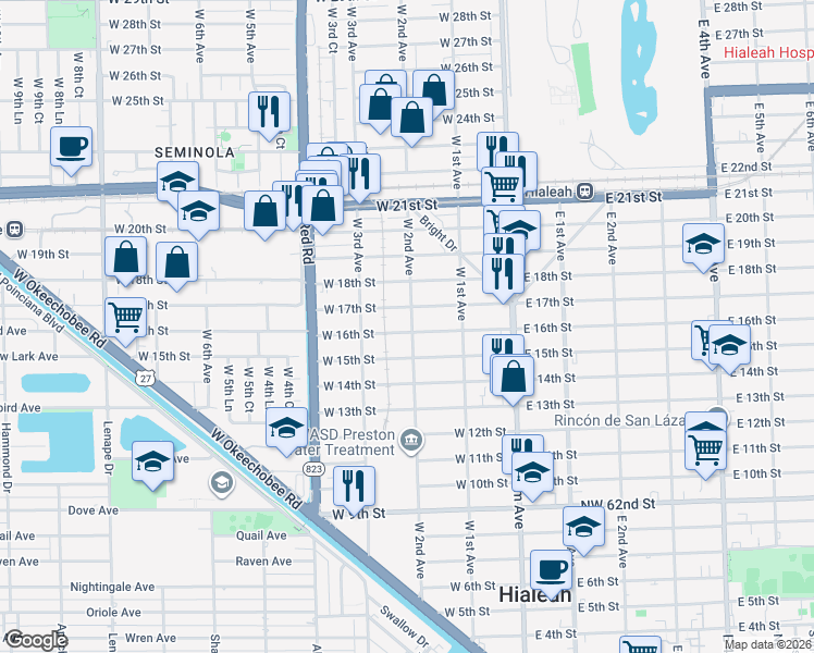 map of restaurants, bars, coffee shops, grocery stores, and more near 1590 West 2nd Avenue in Hialeah