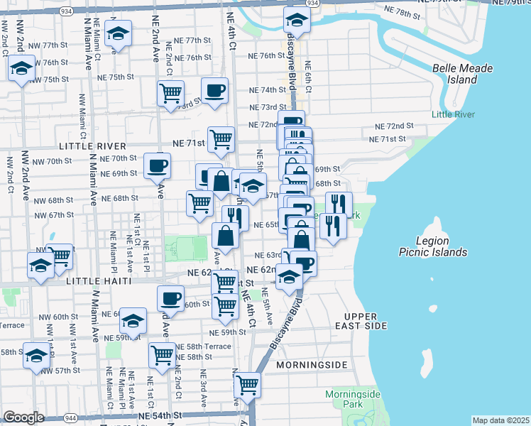 map of restaurants, bars, coffee shops, grocery stores, and more near 545 Northeast 65th Street in Miami