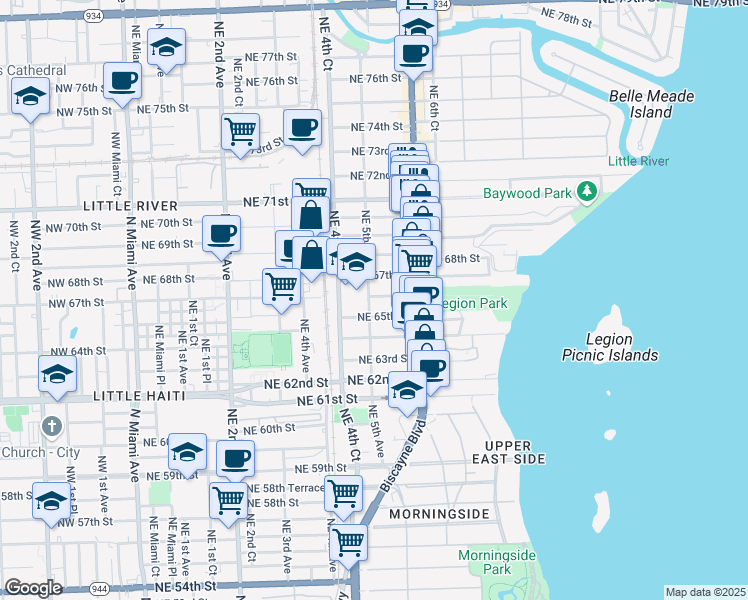 map of restaurants, bars, coffee shops, grocery stores, and more near 545 Northeast 65th Street in Miami