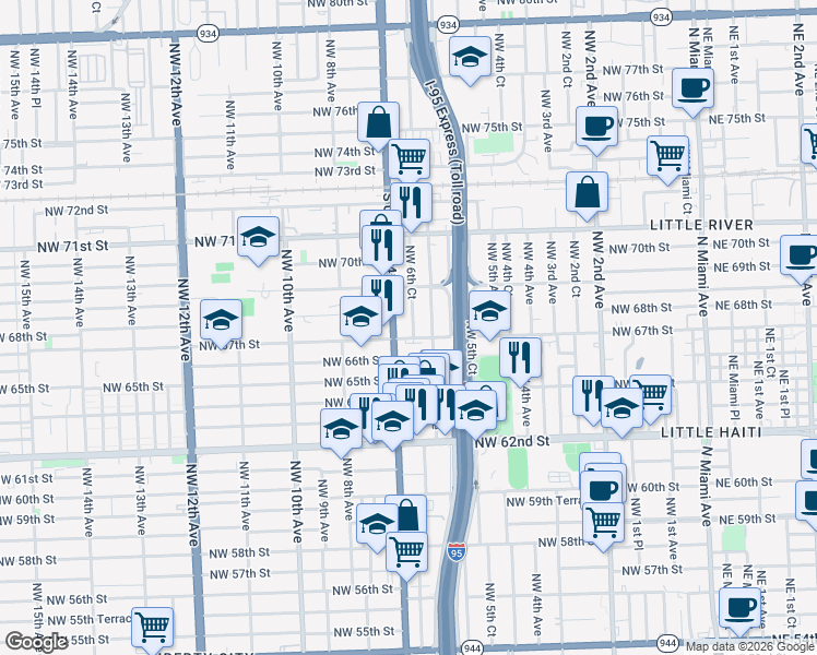 map of restaurants, bars, coffee shops, grocery stores, and more near 636 Northwest 67th Street in Miami