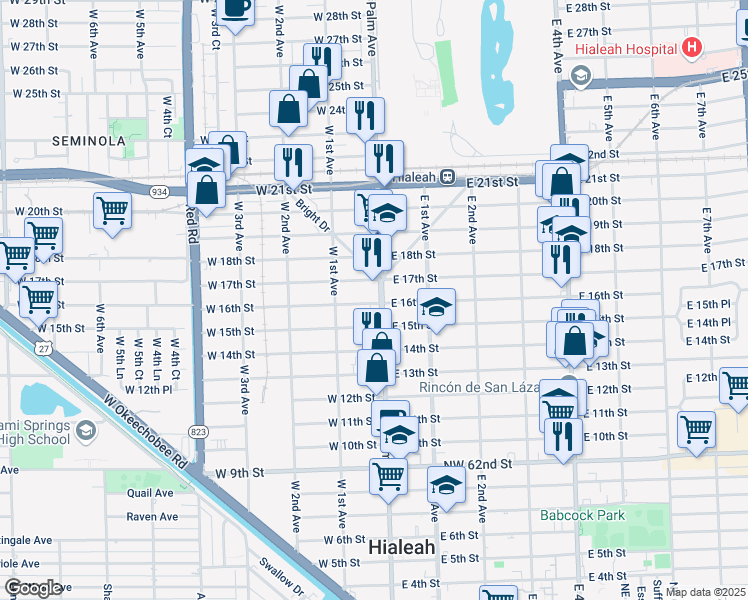 map of restaurants, bars, coffee shops, grocery stores, and more near 1575 Palm Avenue in Hialeah
