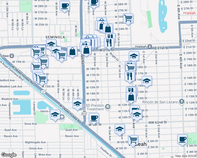 map of restaurants, bars, coffee shops, grocery stores, and more near 1599 West 3rd Avenue in Hialeah