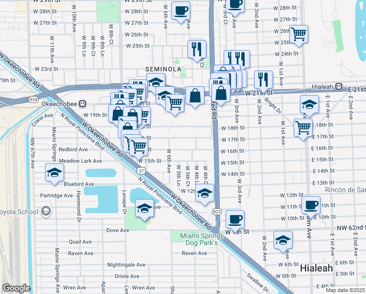 map of restaurants, bars, coffee shops, grocery stores, and more near 500 West 16th Street in Hialeah