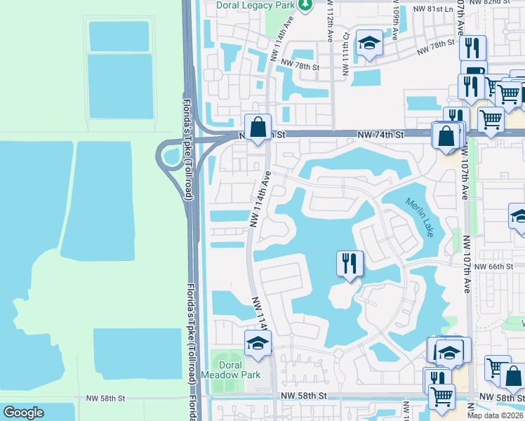 map of restaurants, bars, coffee shops, grocery stores, and more near 11349 Northwest 69th Street in Doral