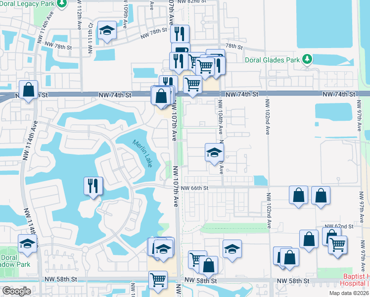map of restaurants, bars, coffee shops, grocery stores, and more near 6851 Northwest 107th Court in Doral