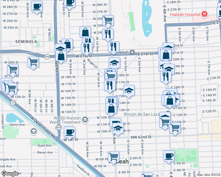 map of restaurants, bars, coffee shops, grocery stores, and more near 1575 Palm Avenue in Hialeah