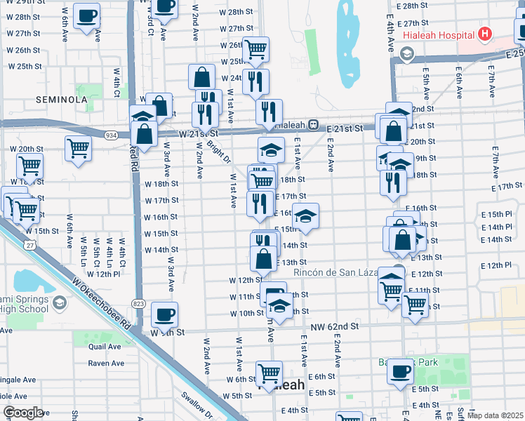 map of restaurants, bars, coffee shops, grocery stores, and more near 1575 Palm Avenue in Hialeah