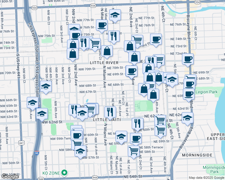 map of restaurants, bars, coffee shops, grocery stores, and more near 6501 North Miami Avenue in Miami