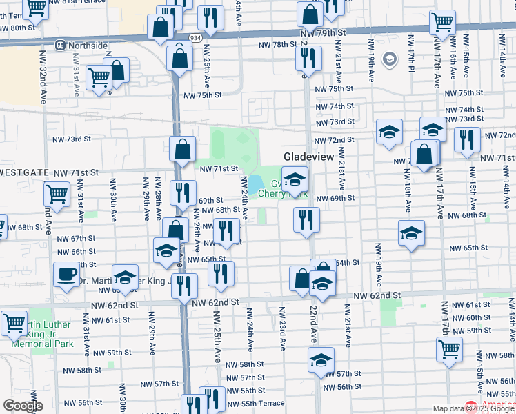 map of restaurants, bars, coffee shops, grocery stores, and more near 6722 Northwest 23rd Place in Miami