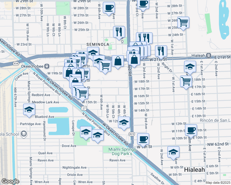 map of restaurants, bars, coffee shops, grocery stores, and more near 500 West 16th Street in Hialeah