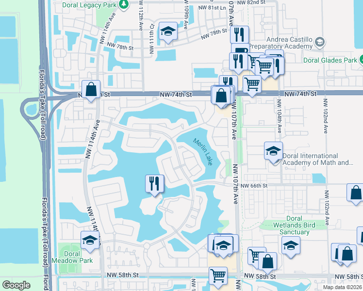 map of restaurants, bars, coffee shops, grocery stores, and more near 10906 Northwest 69th Terrace in Doral