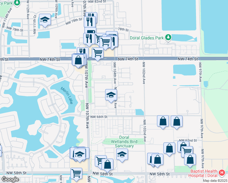 map of restaurants, bars, coffee shops, grocery stores, and more near 10445 Northwest 68th Terrace in Doral