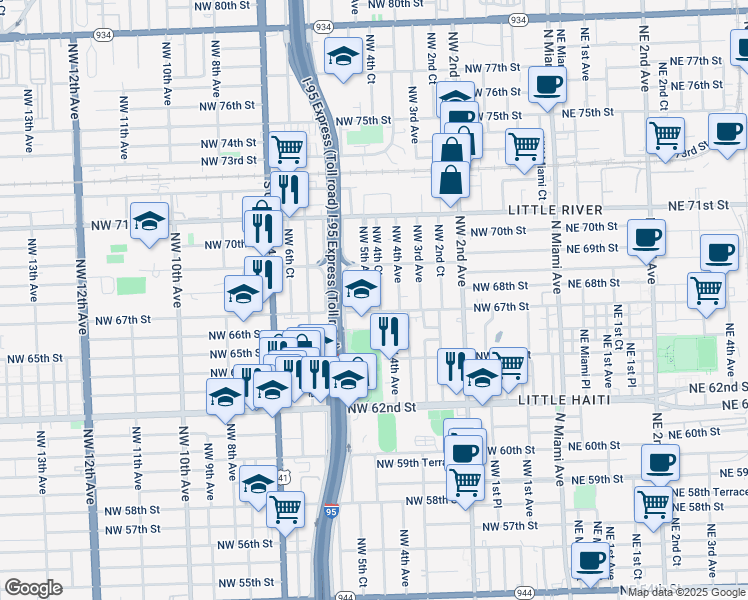 map of restaurants, bars, coffee shops, grocery stores, and more near 509 Northwest 67th Street in Miami