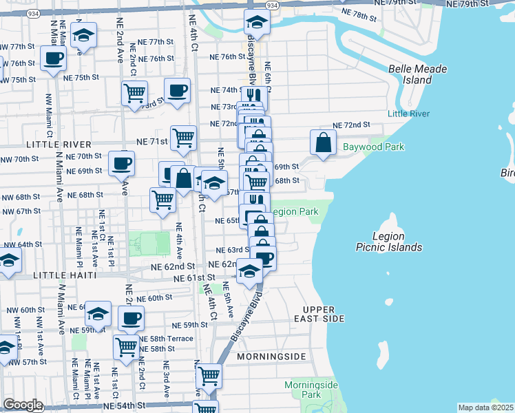 map of restaurants, bars, coffee shops, grocery stores, and more near Biscayne Blvd & NE 66th St in Miami