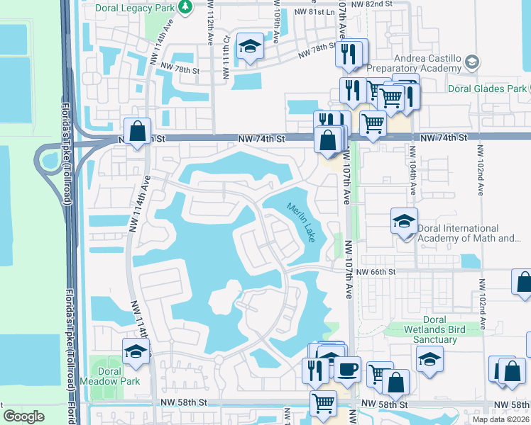 map of restaurants, bars, coffee shops, grocery stores, and more near 11101 Northwest 70th Street in Doral