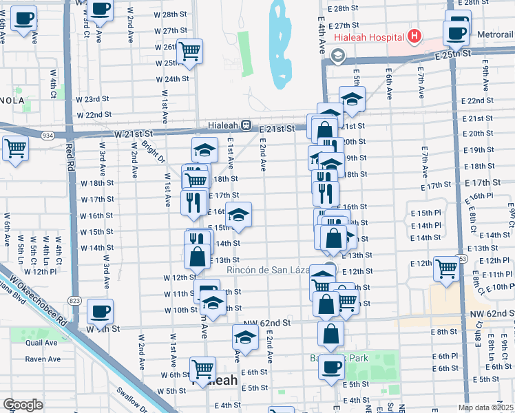 map of restaurants, bars, coffee shops, grocery stores, and more near 166 East 16th Street in Hialeah