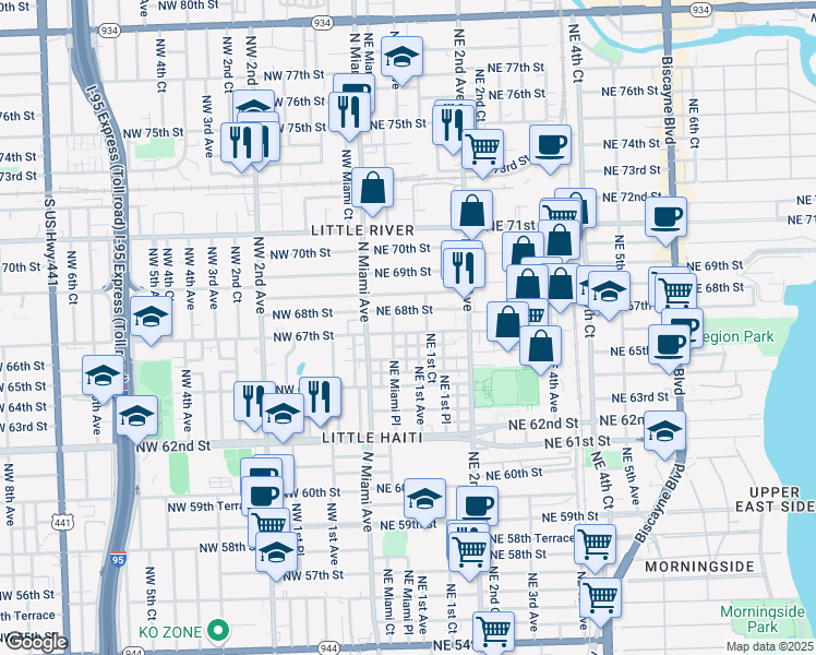 map of restaurants, bars, coffee shops, grocery stores, and more near 96 Northeast 66th Street in Miami