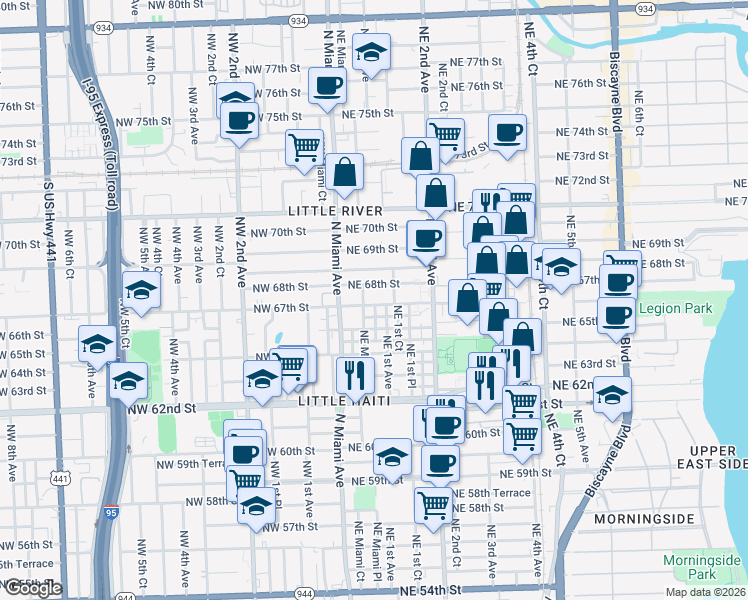 map of restaurants, bars, coffee shops, grocery stores, and more near 96 Northeast 66th Street in Miami