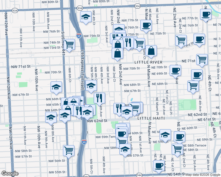 map of restaurants, bars, coffee shops, grocery stores, and more near 258 Northwest 67th Street in Miami